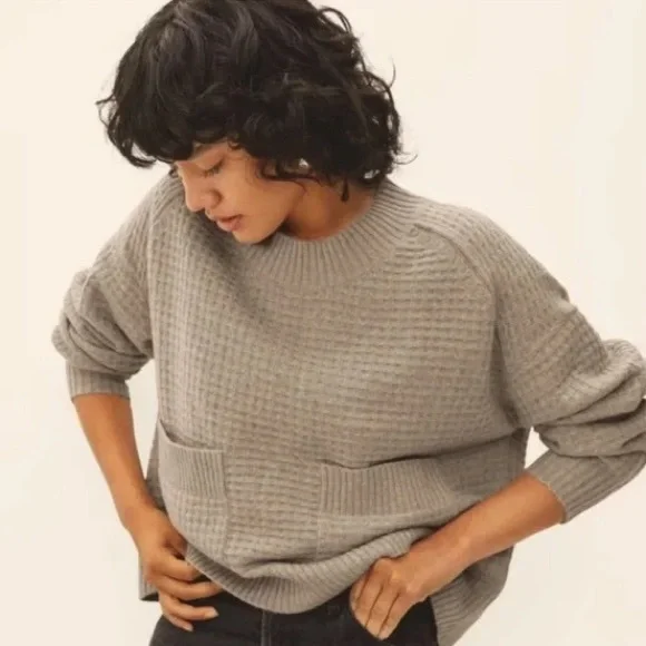 Everlane The Belgian-Waffle Recycled Cashmere Pocket Pullover Sweater Tan Cream - Picture 1 of 7